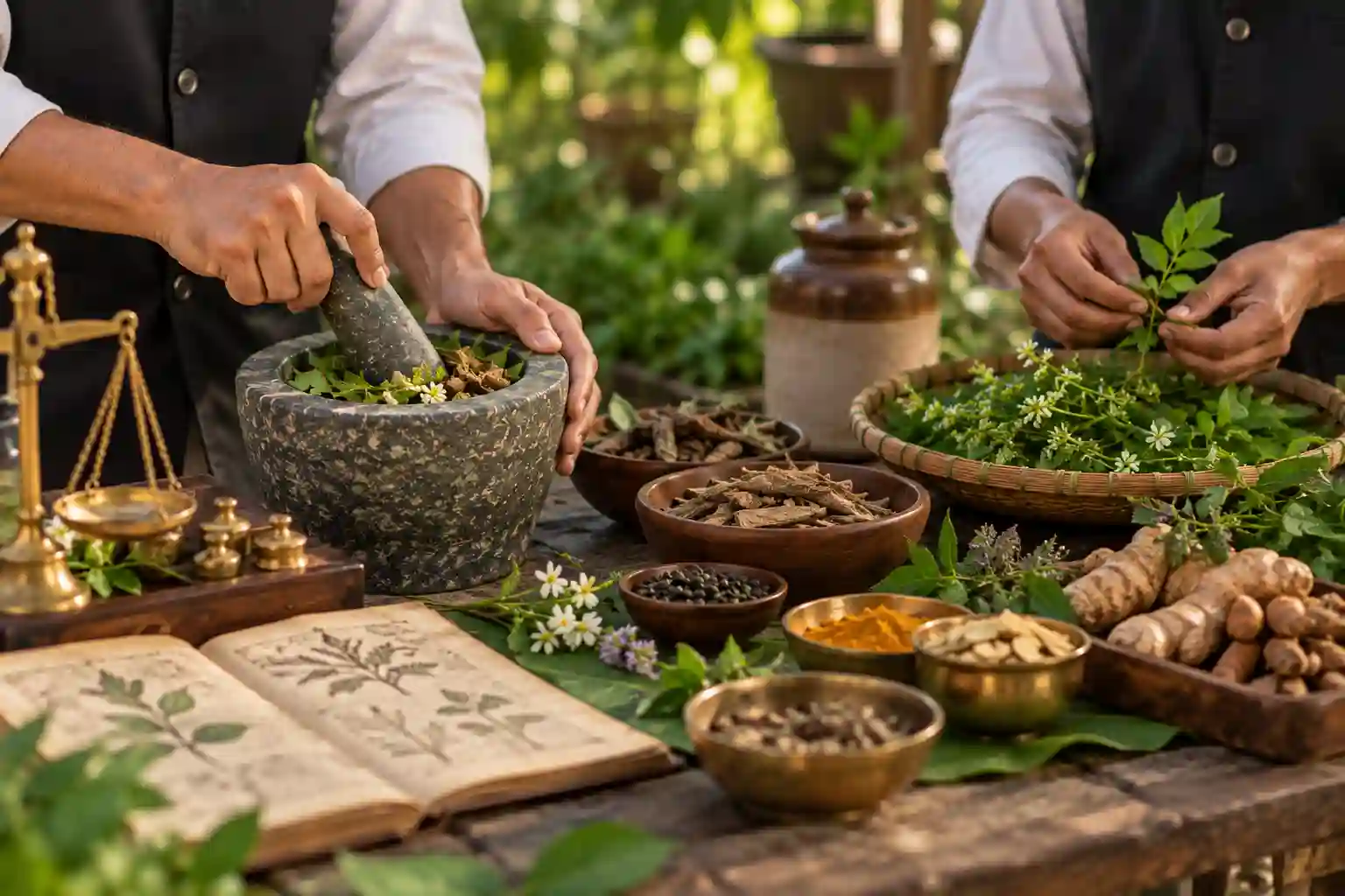 Measuring oil into a mortar and pestle